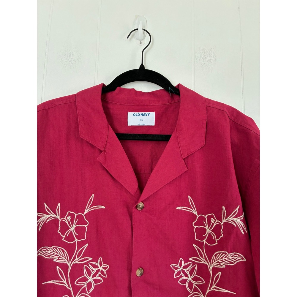 NWT Old Navy Mens XXL Red Floral Embroidered Resortwear Cotton Camp Short Sleeve - Picture 4 of 7